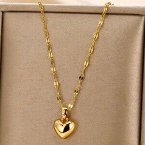 18K Golden Plated Puffy Heart Pendant Necklace